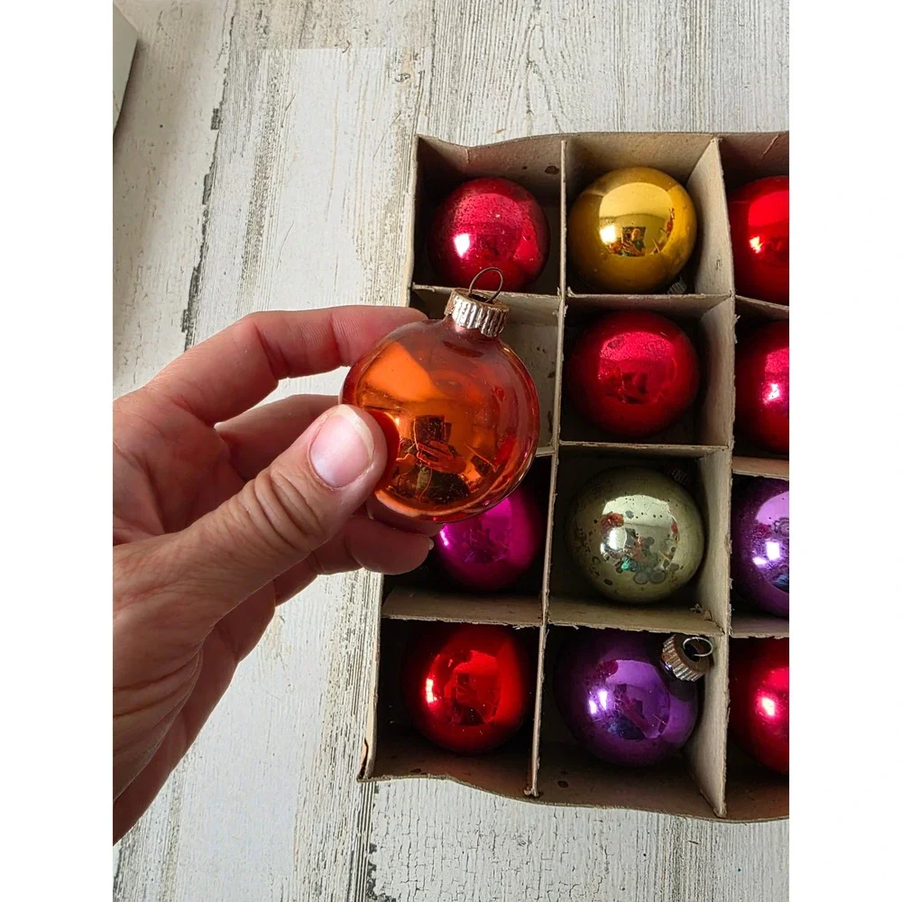 Vintage shiny Brite solid mercury glass ornament set box purple orange pink red